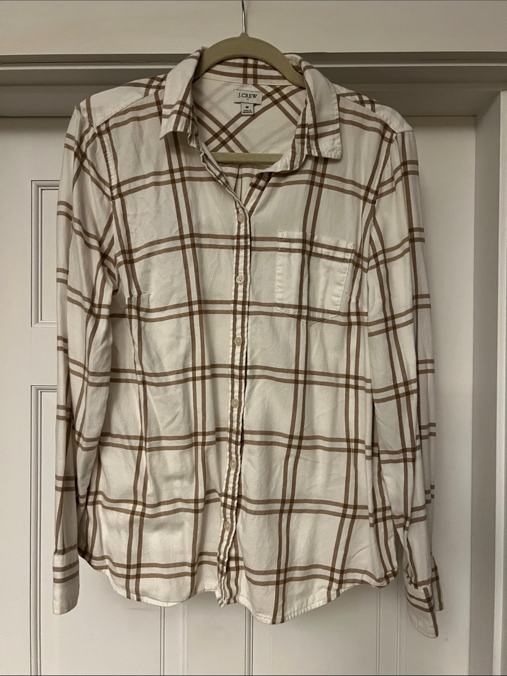 J. Crew Cream and Brown Plaid Flannel Button-Front Shirt